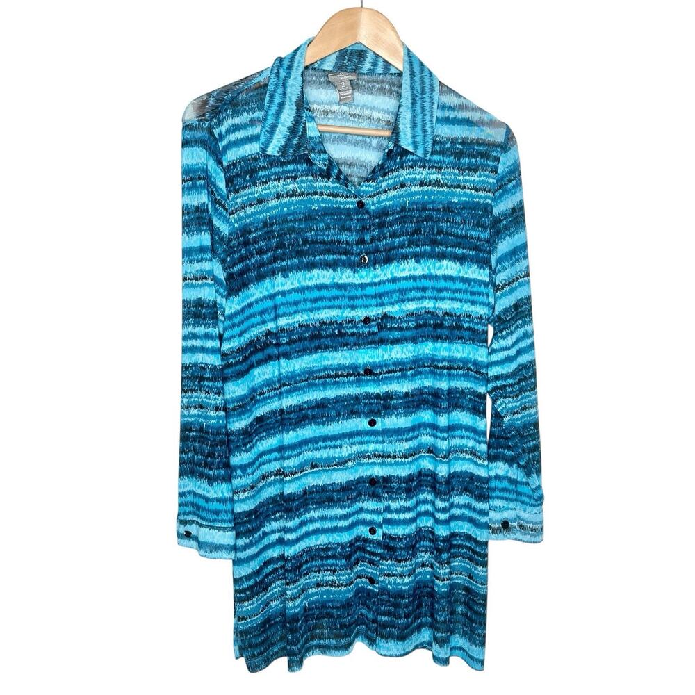 Chicos Travelers Tie Dye Striped Sheer Mesh Tunic Blue Womens Size L 2